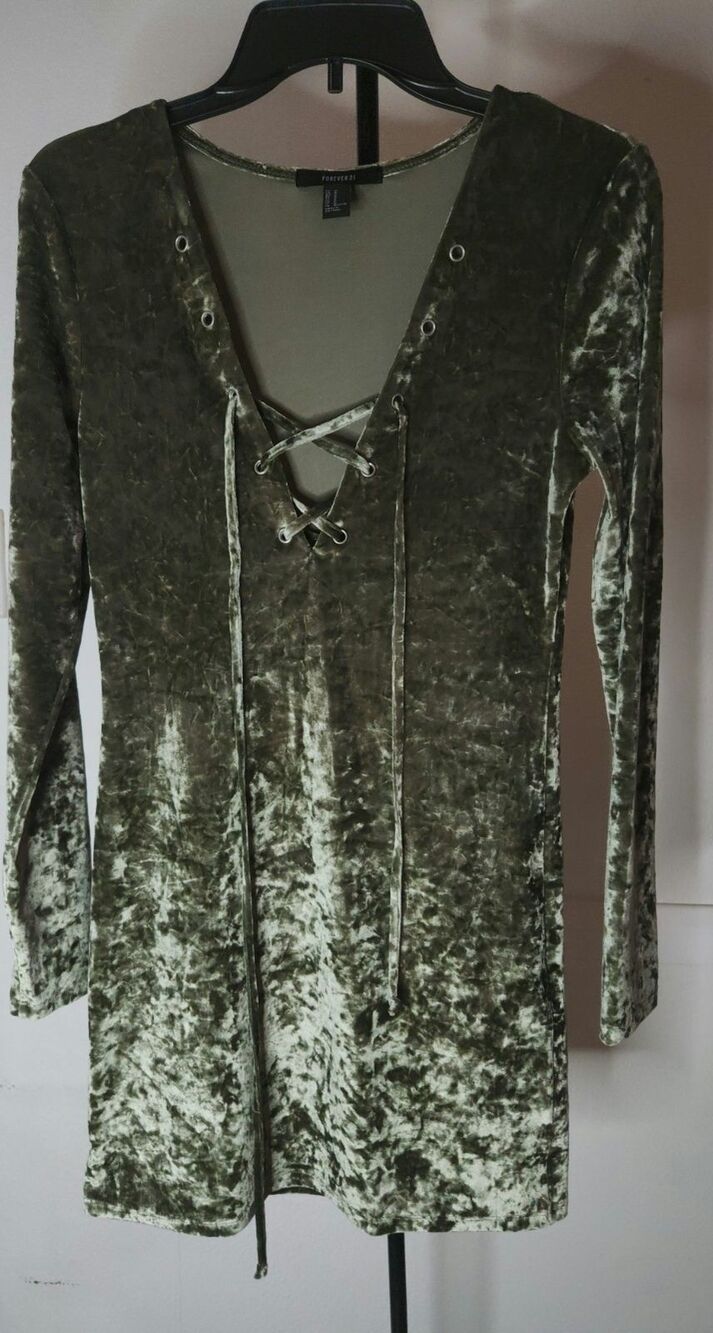 Forever 21 Women's Green Velvet Lace-up Collar Long Sleeve Short Dress SizeS